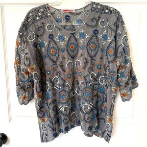 Johnny Was Embroidered Gray Women's Top Blouse